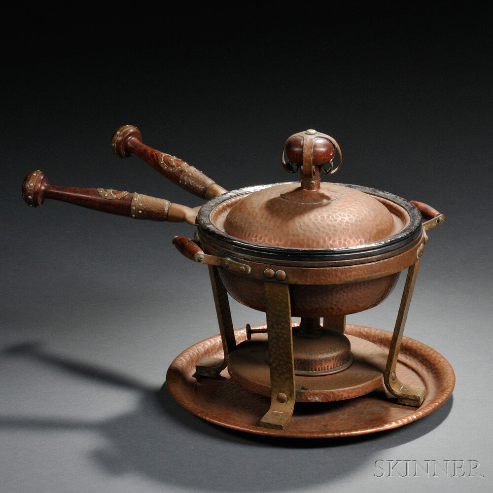 Appraisal: Joseph Heinrichs Chafing Dish Copper brass silver wood United States