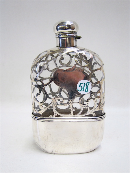 Appraisal: AMERICAN STERLING OVERLAY LIQUOR FLASK maker Alvin having clear glass