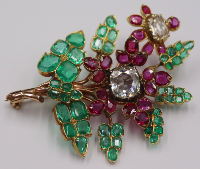 Appraisal: JEWELRY KT GOLD DIAMOND RUBY AND EMERALD BROOCH Vintage kt