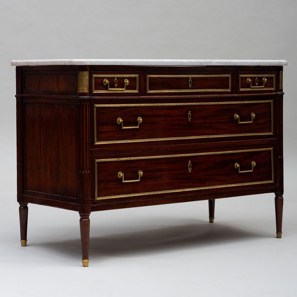 Appraisal: Directoire Brass-Mounted Mahogany Commode Fitted with a white veined marble