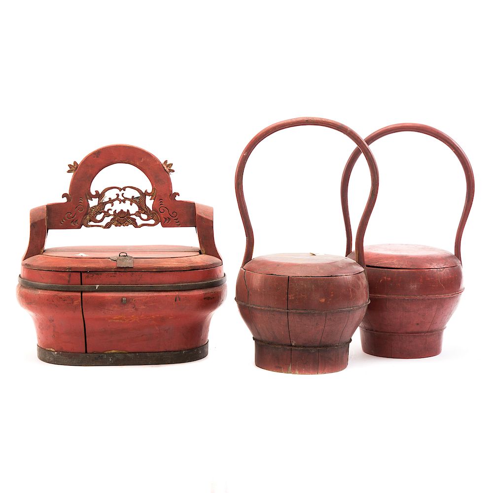 Appraisal: Three Chinese Red-Lacquered Wood Baskets th century comprising a carved