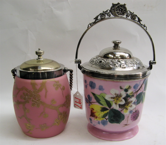 Appraisal: TWO VICTORIAN DECORATED GLASS BISCUIT BARRELS One is a floriated