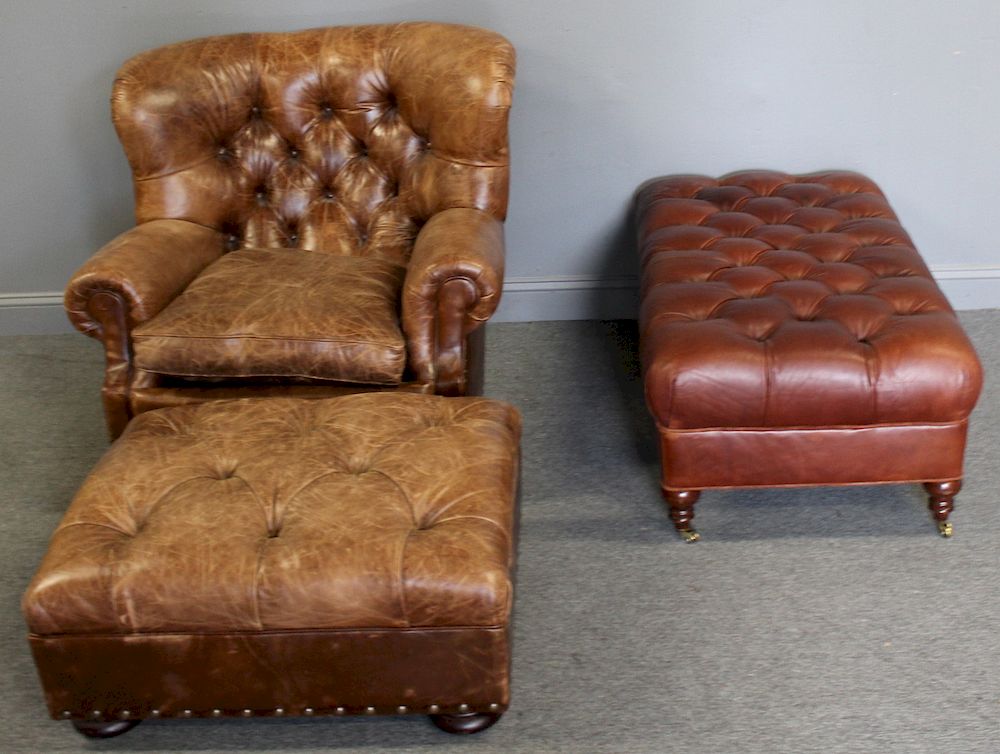 Appraisal: Leather Club Chair And Leather Ottomans From a New Canaan