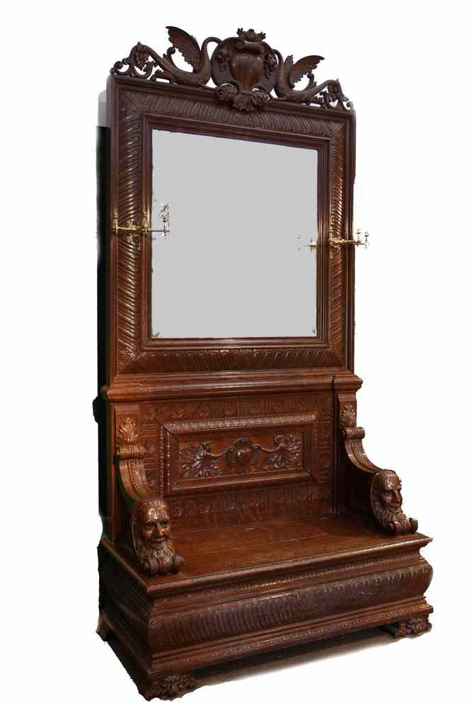 Appraisal: OAK HALL BENCH WITH MIRROR - Ornate American Oak Hall