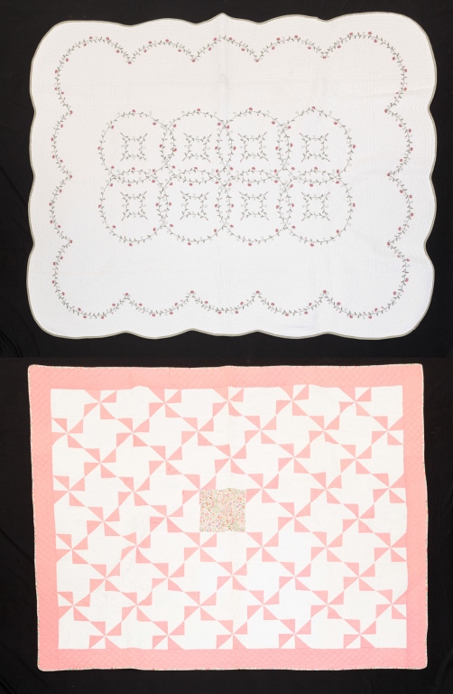 Appraisal: Including a handmade pieced quilt with white field and pink