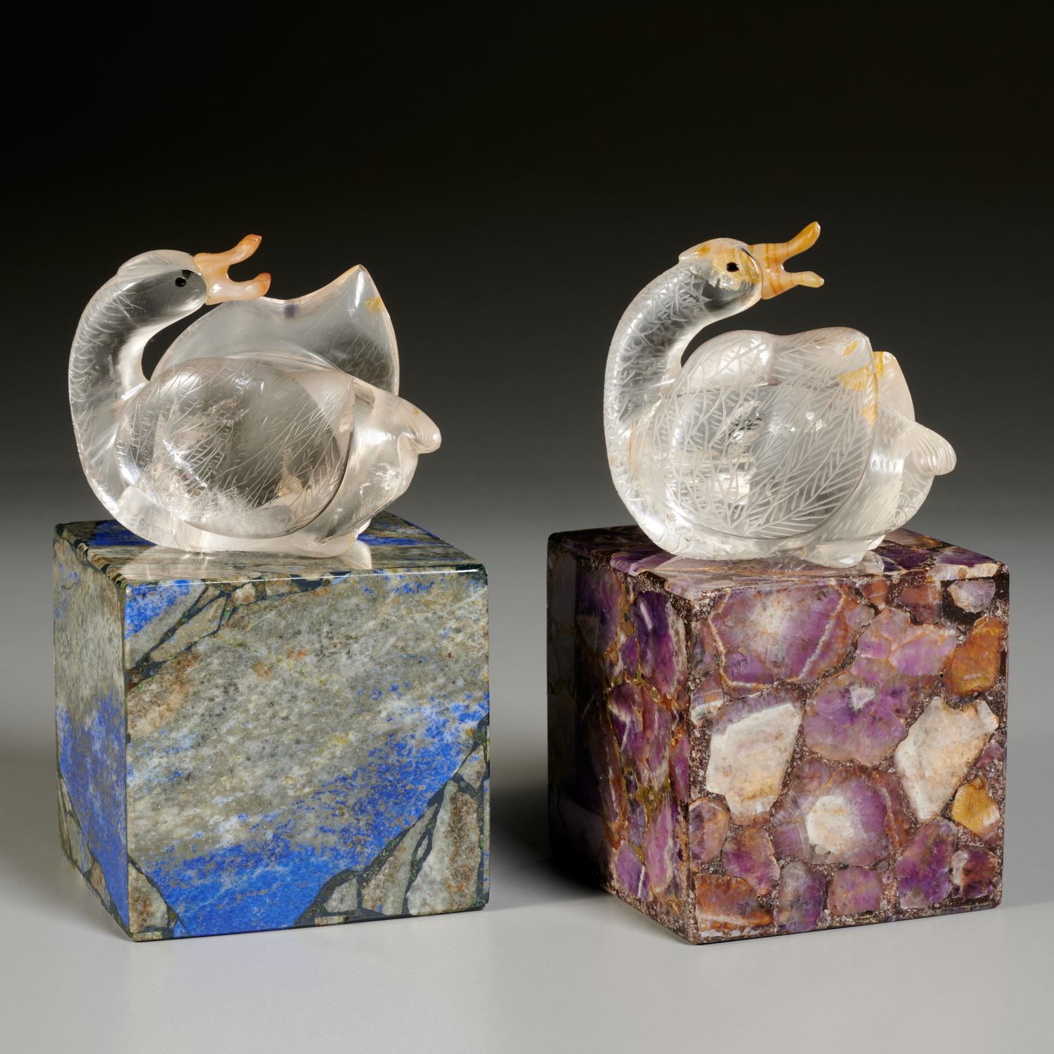 Appraisal: ROCK CRYSTAL SWANS ON LAPIS AND BLUEJOHN BASES th c