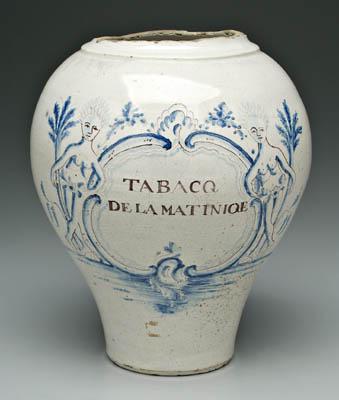 Appraisal: Dutch Delft tobacco jar Tabacq De La Matinique in cartouche