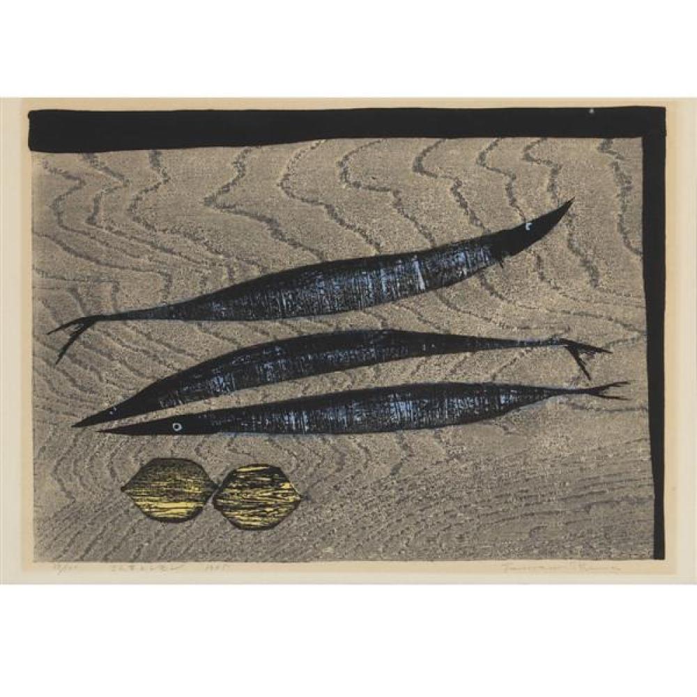 Appraisal: TAMAMI SHIMA JAPANESE - MODERN STILL LIFE OF FISH WOODBLOCK