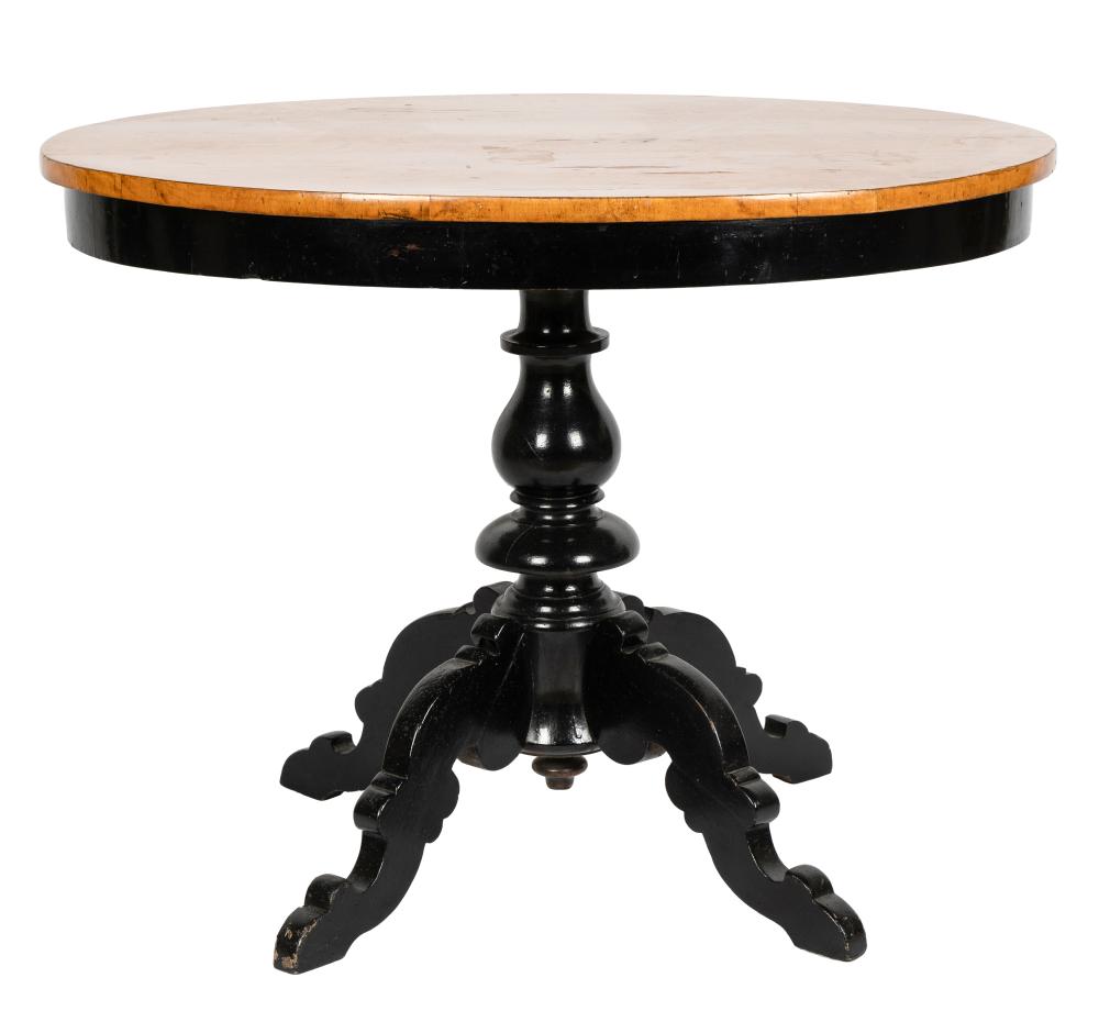 Appraisal: BEIDERMEIER OCCASIONAL TABLEthe birch or fruitwood top on an ebonized