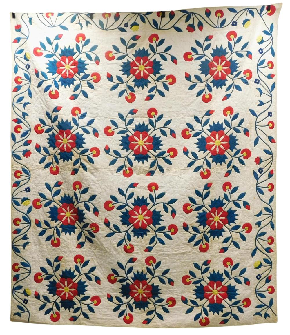 Appraisal: TEXTILE Red blue originally green and yellow on white applique