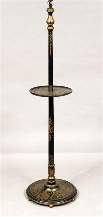 Appraisal: Chinoiserie-Style Black and Gold Japanned Floor Lamp with Shelf in