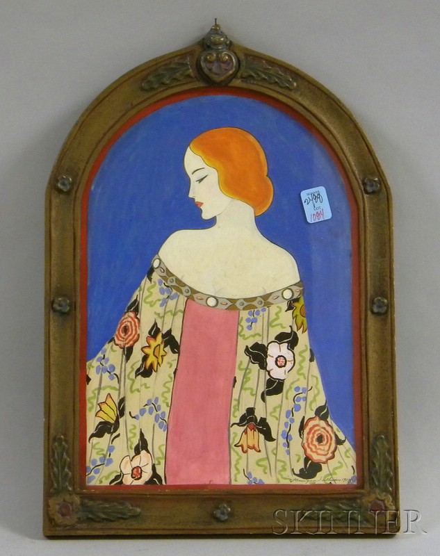 Appraisal: Small Gesso Framed Art Deco Gouache on Paper Portrait of