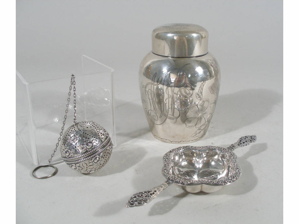 Appraisal: Sterling Tea Caddy by Gorham Tea Ball Strainer the first