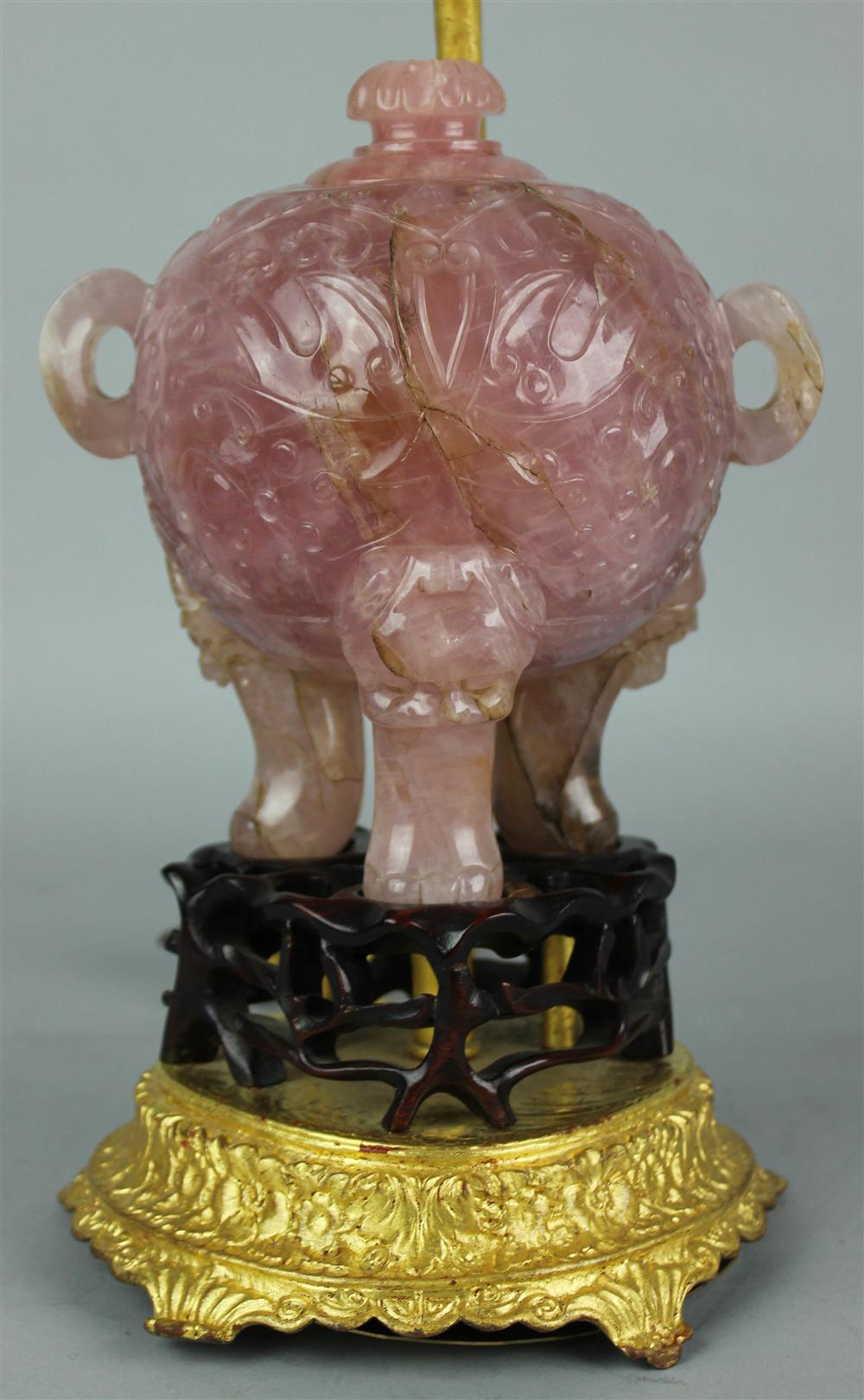 Appraisal: CHINESE ROSE QUARTZ TRIPOD CENSER LATE QING DYNASTY NOW MOUNTED