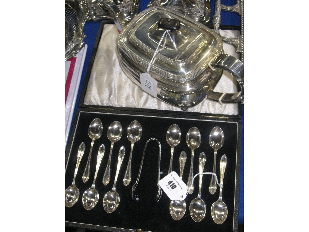 Appraisal: Lot comprising EP spoon and tong set and a teapot