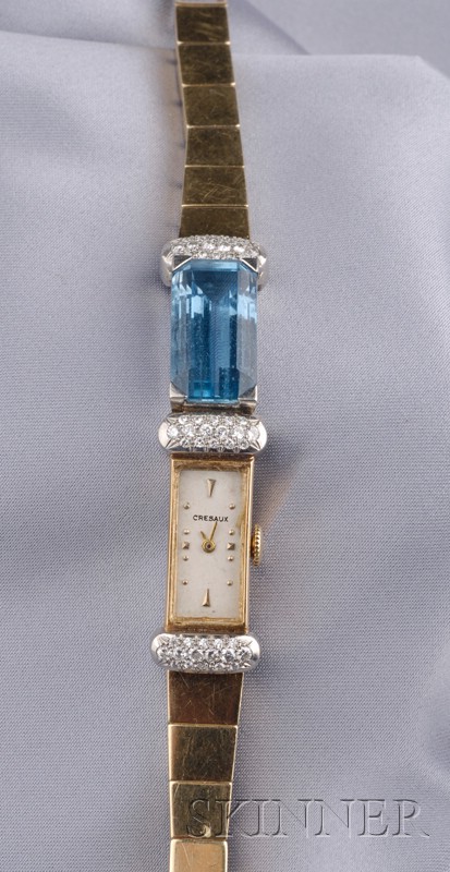 Appraisal: kt Gold Aquamarine and Diamond Bracelet Wristwatch with white metal