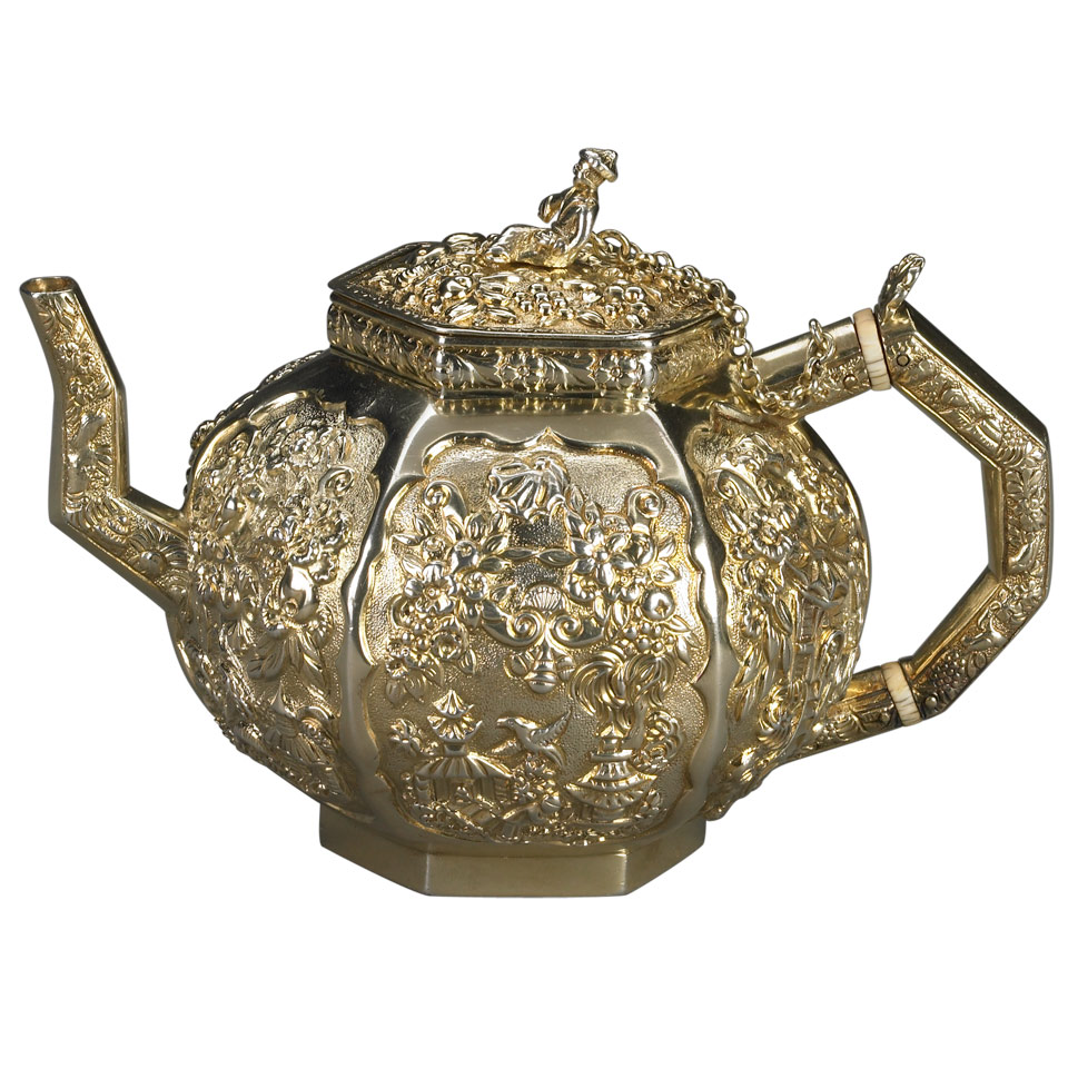 Appraisal: George III Silver-Gilt Chinoiserie Hexagonal Teapot John Page London height