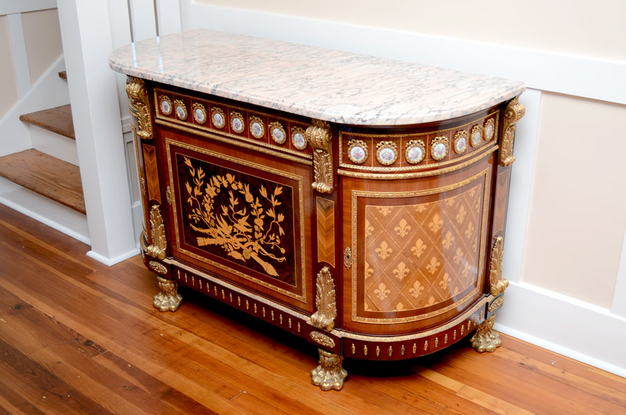 Appraisal: LARGE MARBLE TOP FLEURS DE LIS INLAY ORMOLU SIDEBOARD Variegated