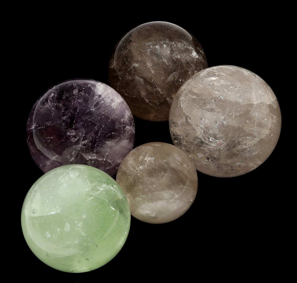 Appraisal: FIVE POLISHED QUARTZ ORBS Amethyst smokey and other types Measure