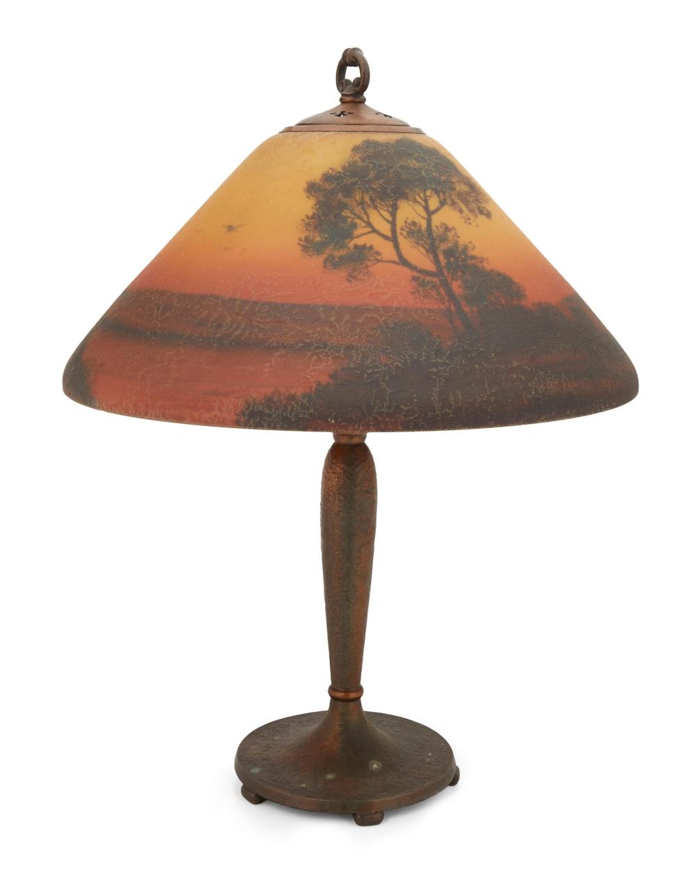 Appraisal: A Handel reverse-painted glass landscape table lamp Circa s- s