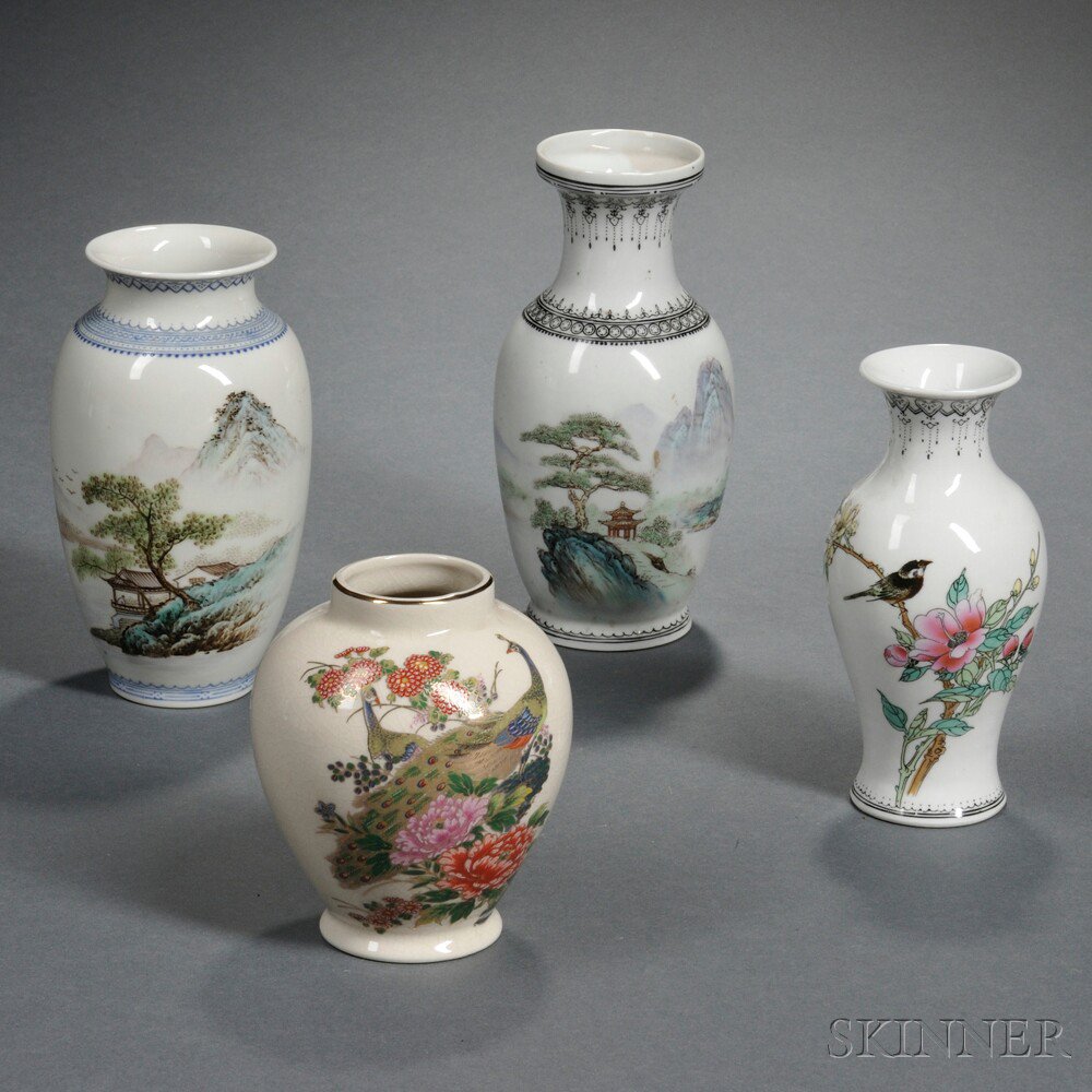 Appraisal: Four Porcelain Vases Asia two baluster-shape vases with landscape scenes