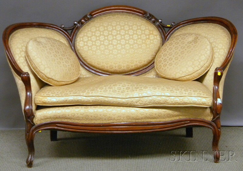 Appraisal: Victorian Rococo Revival Damask Upholstered Carved Walnut Loveseat