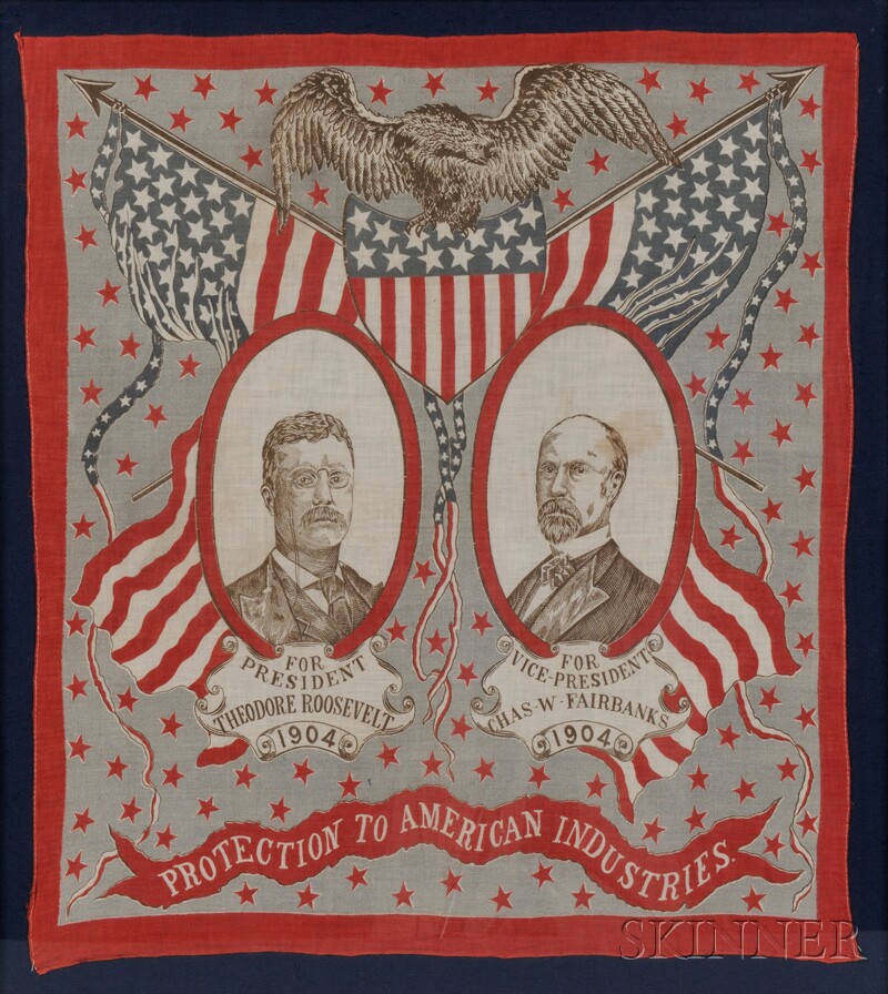 Appraisal: Framed Printed Cotton Roosevelt Fairbanks Campaign Bandana America printed in