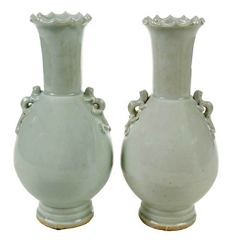 Appraisal: Pair Chinese Yingqing Glazed Vases Jingdezhen Kiansu Province probably Yuan