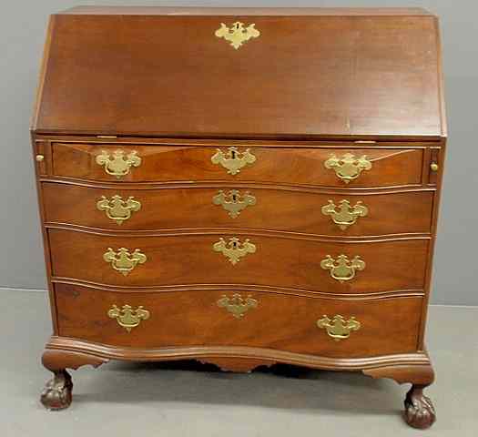 Appraisal: Rare Boston Chippendale mahogany slant-lid serpentine front desk c with