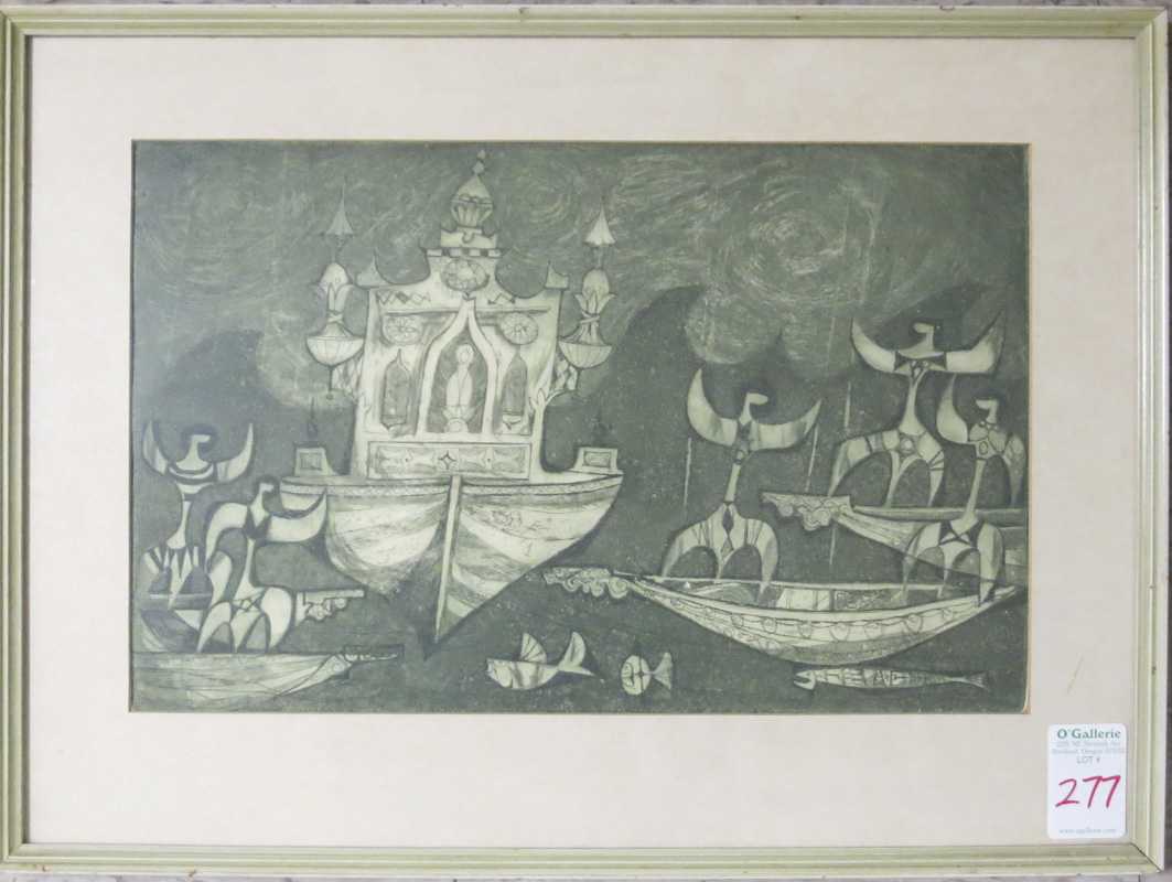 Appraisal: MANUEL A RODRIGUEZ Sr ETCHING Philippines born Festival Boats Image