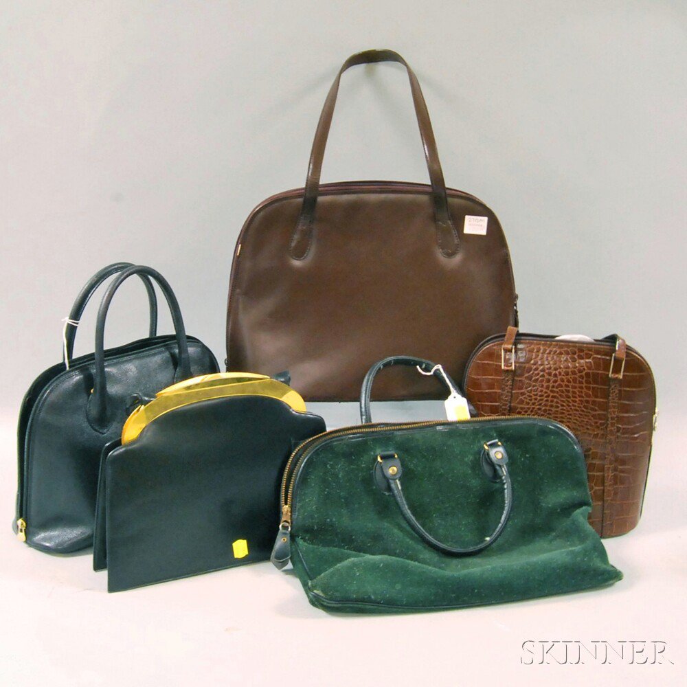 Appraisal: Five Brown Black and Green Leather and Suede Purses and