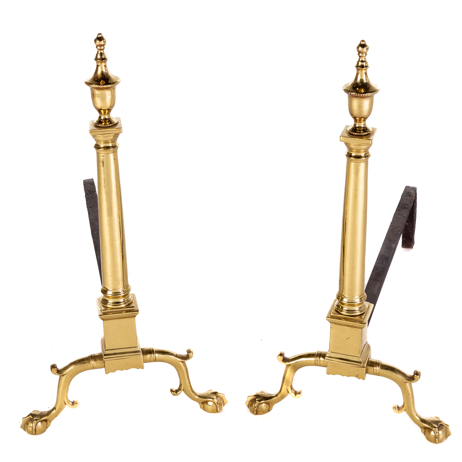 Appraisal: A PAIR FEDERAL BRASS CHIPPENDALE INFLUENCED ANDIRONS Philadelphia Pennsylvania circa