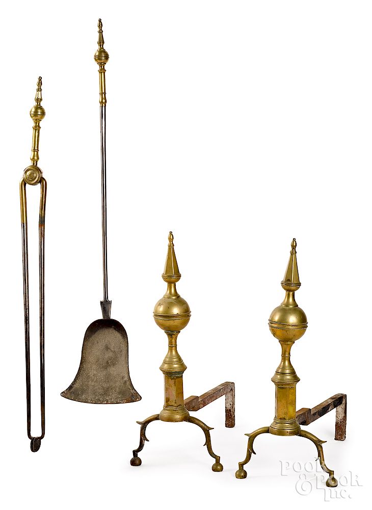 Appraisal: New York Federal brass steeple top andirons etc Exclusive on