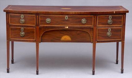 Appraisal: GEORGE III INLAID MAHOGANY BOW-FRONTED SIDEBOARD The cross-banded top with