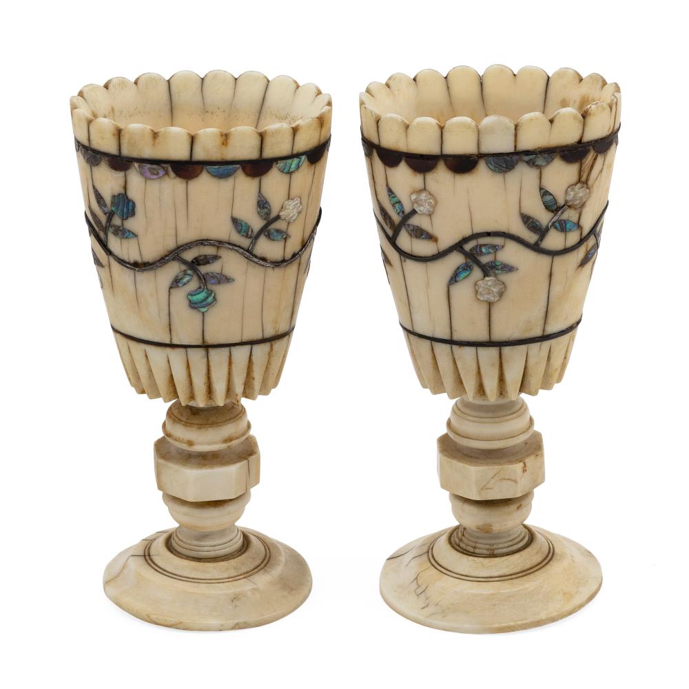 Appraisal: RARE AND DESIRABLE PAIR OF INLAID WHALE'S TEETH CHALICES MID-