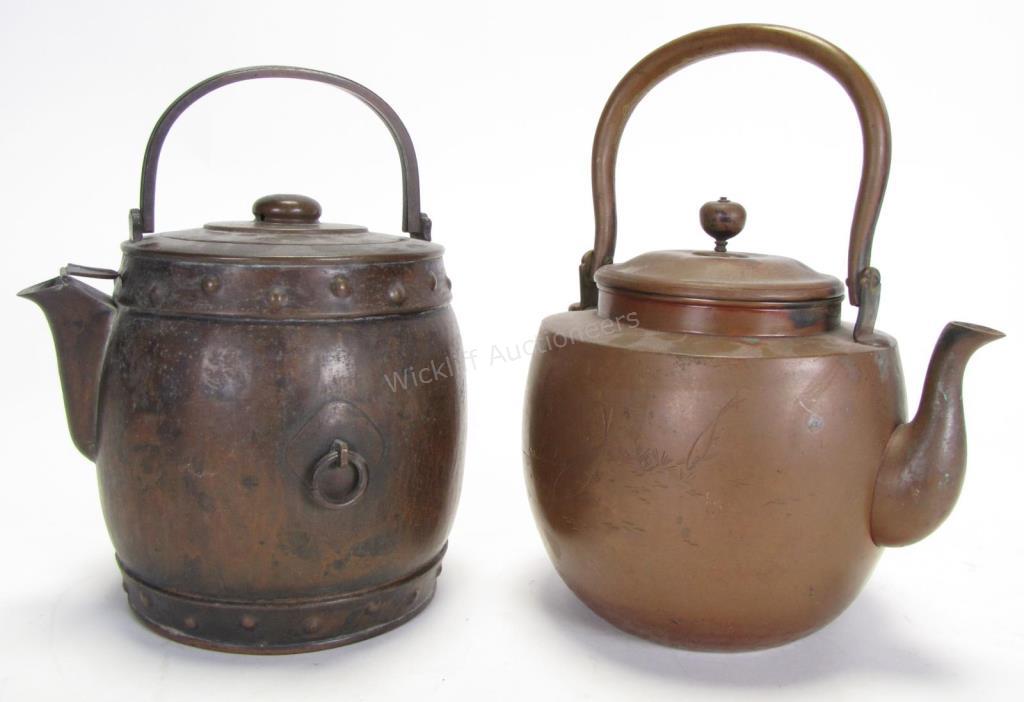 Appraisal: Two Antique Japanese Copper Tea Kettles drum form kettle with