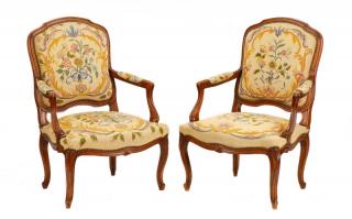 Appraisal: Pair French Louis XV Needlepoint Fauteuils Continental likely French early