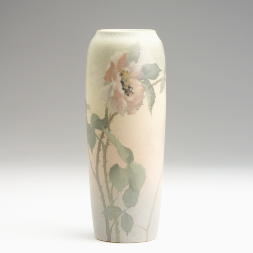 Appraisal: ROOKWOOD Vellum vase painted by Fred Rothenbusch with pink roses