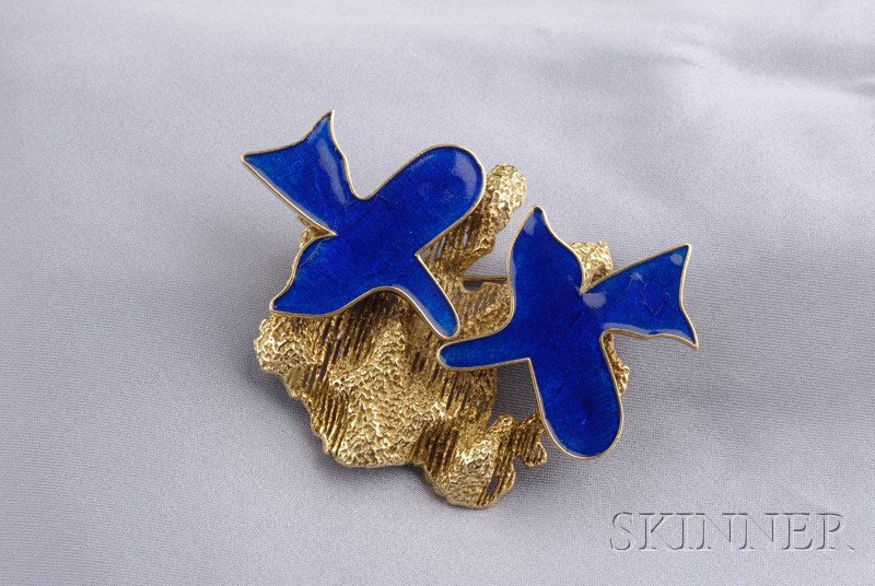 Appraisal: Artist-Designed kt Gold and Enamel Oiseaux Brooch Georges Braque designed