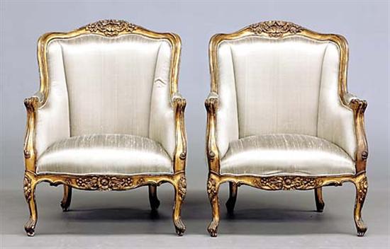 Appraisal: Pair Louis XV style carved giltwood bergeres last quarter th