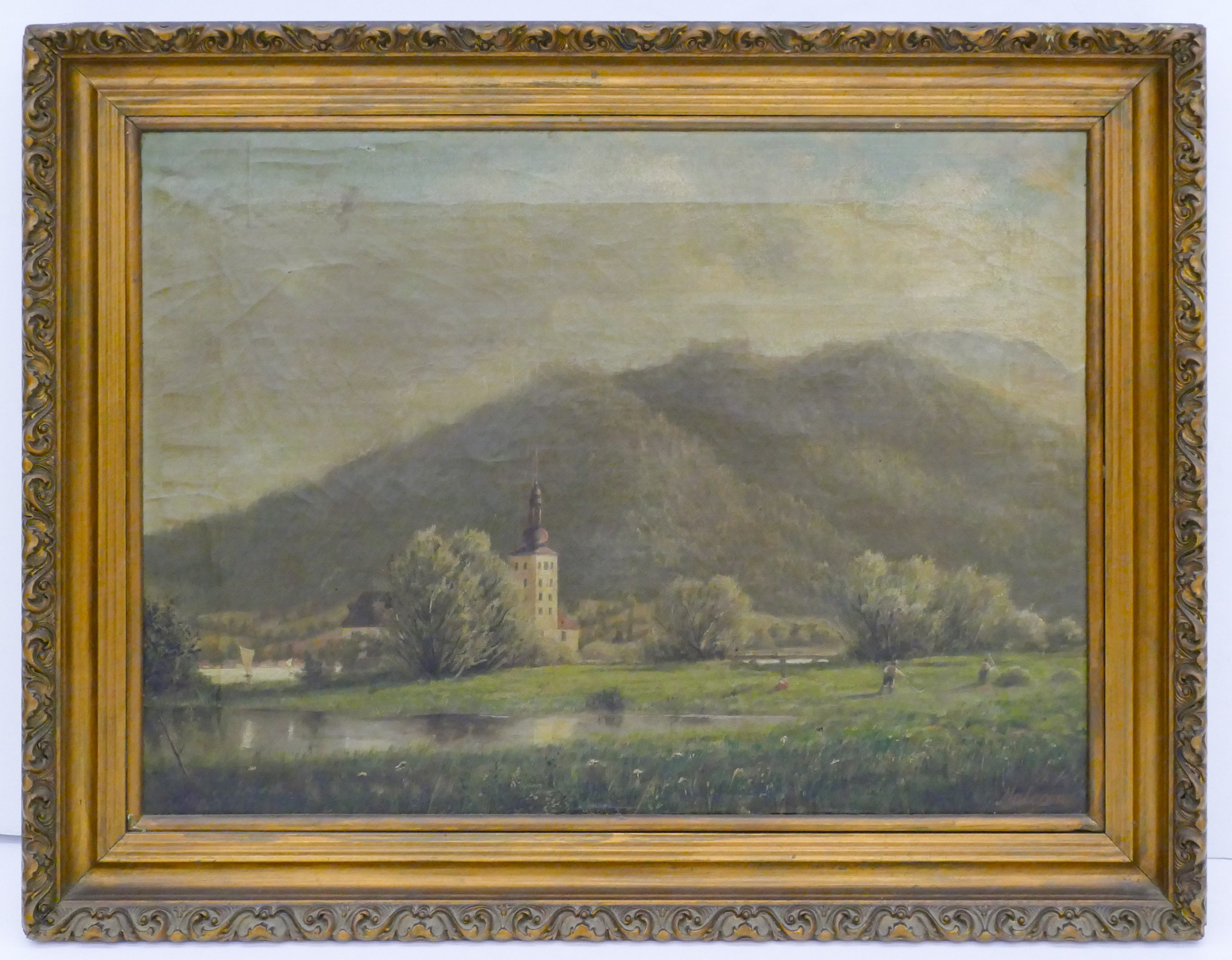 Appraisal: Antique Pastoral Landscape Oil Painting - Signed Malcom - Framed