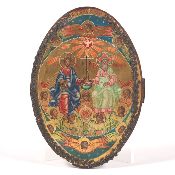 Appraisal: RUSSIAN SAINT TRINITY ICON TH CENTURY x Ovoid gilt icon