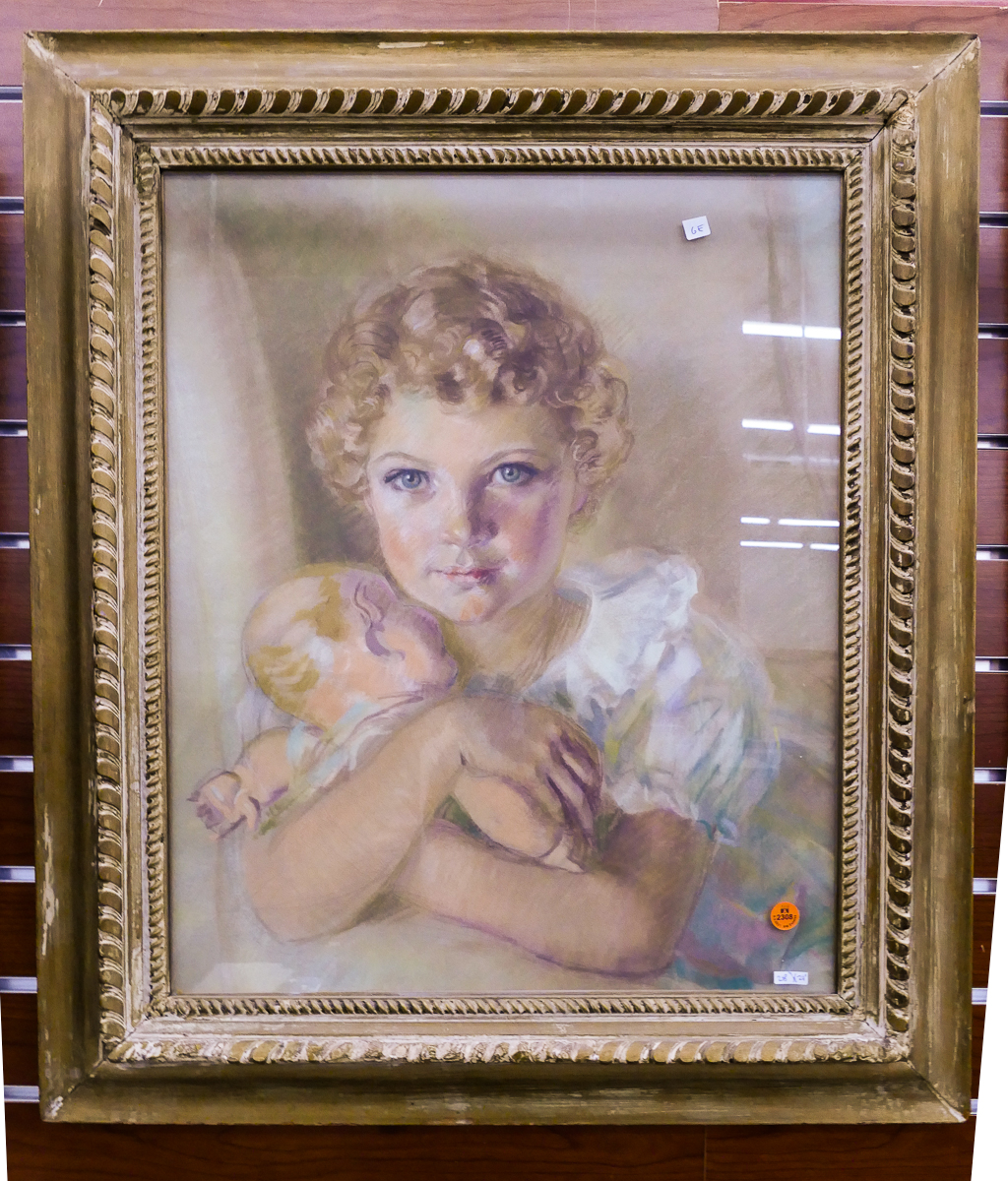 Appraisal: Vintage Child with Doll Pastel Painting in Gilt Frame- x