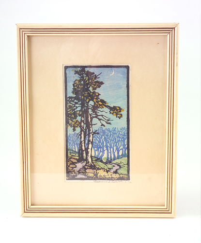 Appraisal: FRANCES GEARHART Color woodblock print of two tall trees in