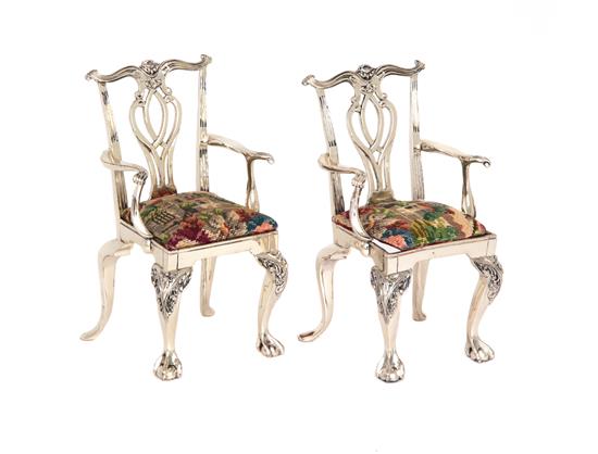 Appraisal: Sale Lot A Pair of Silver Chippendale Style Miniature Armchairs