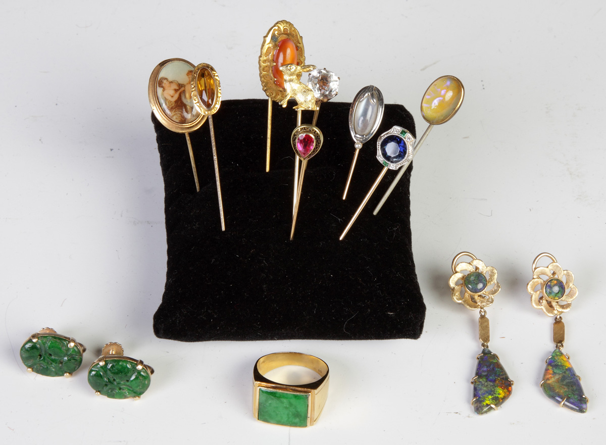 Appraisal: Various Vintage Stick Pins Jade Ring Cuff Links Opal Earrings