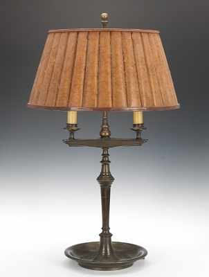 Appraisal: A Hammered Bronze Bouillotte Lamp with Mica Lamp Shade Candelabra