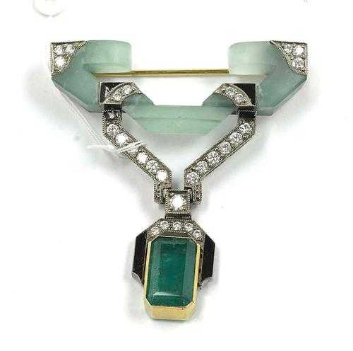 Appraisal: CHRYSOPRASE BRILLANT-CUT DIAMOND AND EMERALD BROOCH White and yellow gold