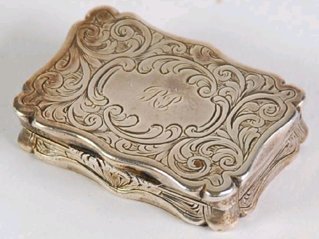 Appraisal: VICTORIAN SILVER OBLONG VINAIGRETTE with concave sides scroll outline foliate