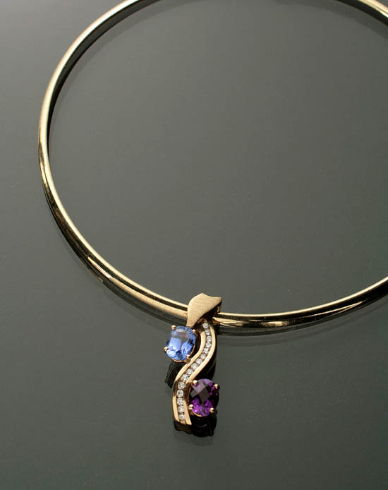 Appraisal: -Karat Yellow-Gold Diamond Blue Sapphire and Amethyst Omega Choker Slide